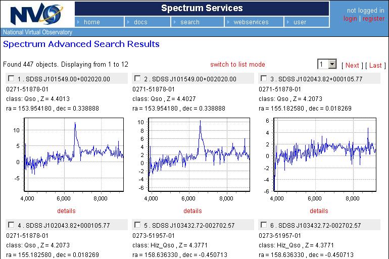 Spectrum Services Search, plot, and retrieve SDSS, 2dF, and other spectra The Spectrum Services web site is dedicated to spectrum related VO services.