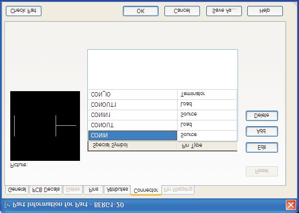 Part Type Editor: Connector Tab The Connector Tab has received only minor changes. A new Check Part button has been added.