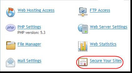 Step 3 Click the Show More button at the bottom of the Websites & Domains section. Step 4 Click on the Secure Your Sites icon. Step 5 Click the Add SSL Certificate icon.