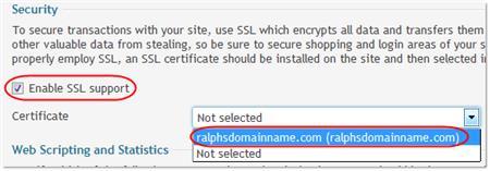 Step 14 This will bring up the Hosting Settings for the domain. Tick the box labelled Enable SSL support and select the certificate from the dropdown menu.