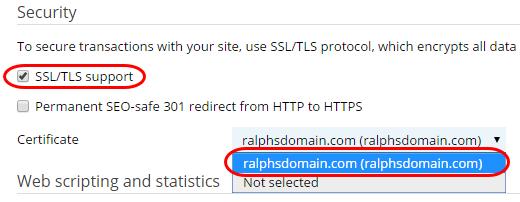 Step 14 This will bring up the Hosting Settings for the domain. Tick the box labelled Enable SSL support and select the certificate from the dropdown menu.