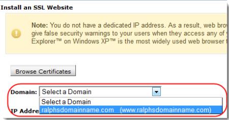 Step 11 Click the link Manage SSL Sites. Step 12 Scroll down the page and from the Domain drop down menu select the domain name that you want to install the SSL certificate on.