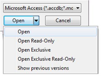 Lesson 1 Exploring the Access Environment You can specify the open mode for a database by selecting it from the Open drop-down list.