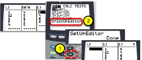 TI-84: Entering & Editing Lists of Data TI-84 Video: Entering and Editing Data Lists 1. Use the SetUpEditor to retrieve any 'lost' lists.
