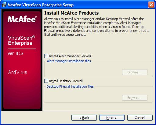 In the Install McAfee Products screen, leave both Install