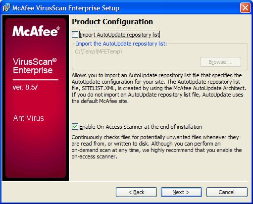 30. In the Product Configuration screen, select Enable On-Access