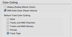 Track Color Coding Track Color Coding Set in Preferences > Display None: No color coding Tracks and MIDI Channels: Color coded by voice assignment or MIDI channel assignment Tracks and MIDI Devices: