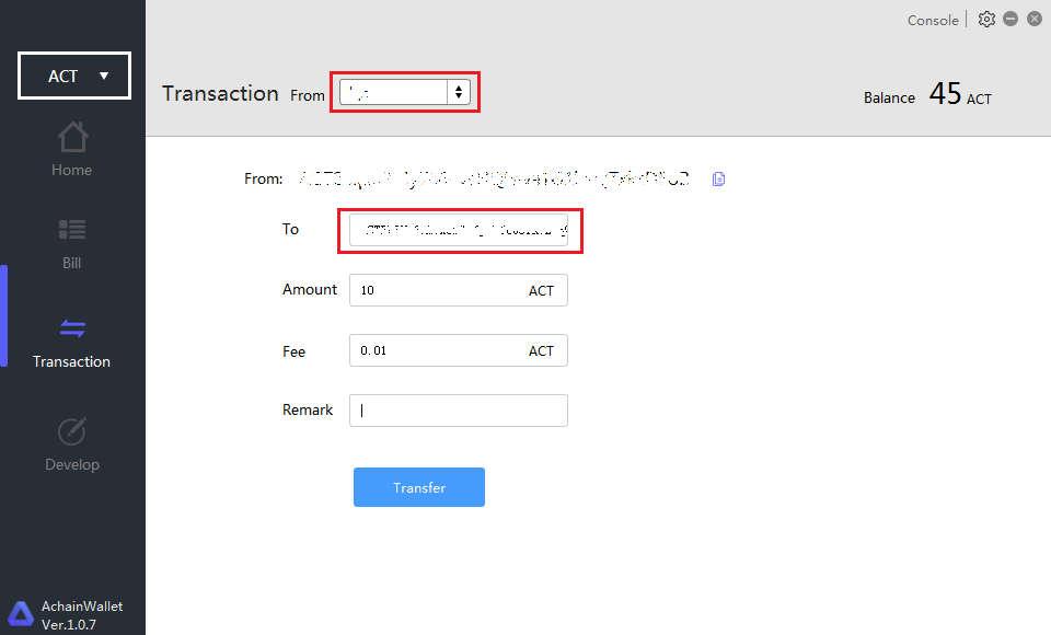 Step 3, enter receipt account address beginning with ACT and amount, then click the transfer button after confirmation. By the way, remark is optional.