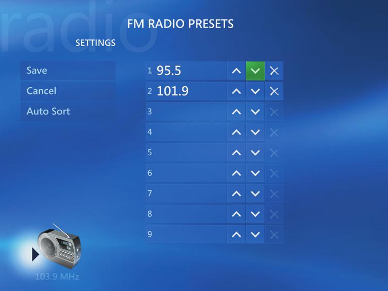 Orgaizig Pre-set Radio Statios 1 Press the Media Ceter Start butto o the remote cotrol. 2 Select Settigs. 3 Select Radio.