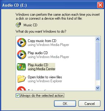 Settig Media Ceter as the automatic CD or DVD player Whe you isert a CD or DVD while Media Ceter is active, your disc plays automatically after a few secods.