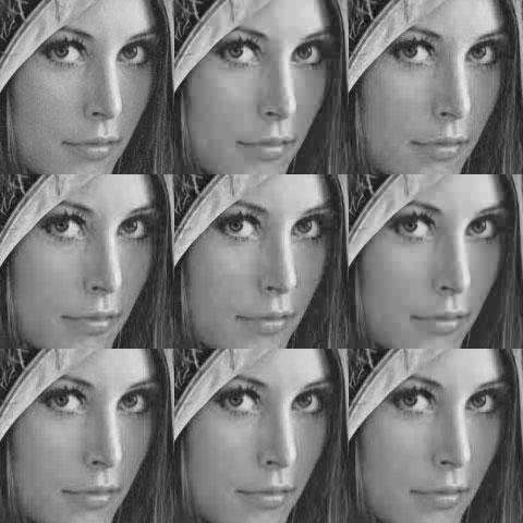 Figure 16 Coding examples for image lena at 5 bits/pixel Top row, left to right: original, JPEG encoding with DCT, and JPEG/LOT, PSNR (db) = 3 and 33 Middle row: JPEG/LBT,