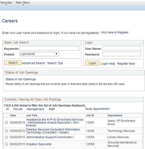 View Job Openings This section demonstrates how to view job openings without logging into the system. The Fresno State Jobs page 1. Go to the Fresno State Jobs webpage. (jobs.fresnostate.edu) 2.