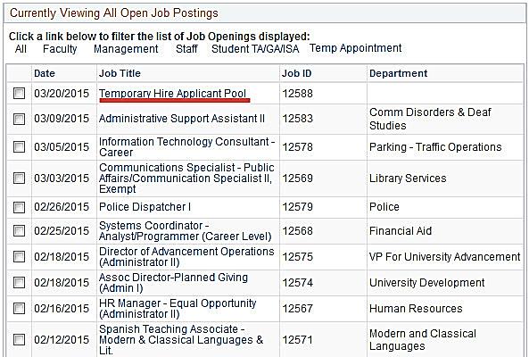 All open job postings display. 4. Click the Temporary Hire Applicant Pool hyperlink to read more about this specific job.