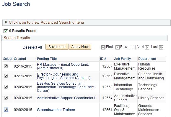 Save Jobs This section demonstrates how to save a job in order to come back to and apply for it later. The Job Postings display.