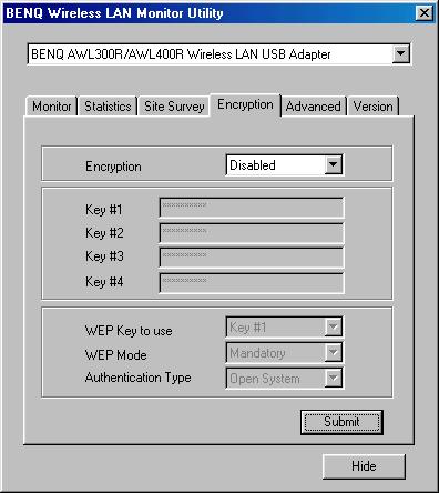 4.4 Encryption According to WEP function select, this panel allows the entry of 64-bit encryption and 128-bit key. Each key must consist of hex digits to be written to the driver and registry.