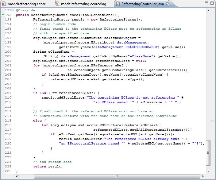 The following code snippet shows the Java implementation of the final check of the example refactoring Move EAttribute.