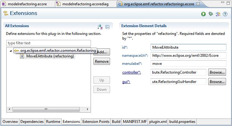 To register the new EMF model refactoring the selected Eclipse plug-in project has to serve a specific extension point, org.eclipse.emf.refactor.common.refactoring, defined by EMF Refactor.