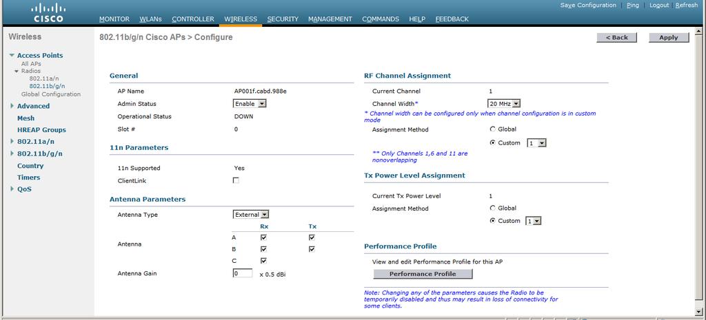 Screenshot for access points with internal antennas: Screenshot for access points with external antennas and version 7.4 or later: 4 In the navigation pane under 802.11b/g/n, click Network.
