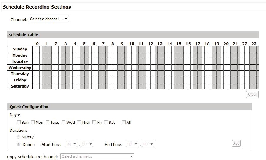 Scheduling You can define the time range of the schedule recording for all channels in this page.