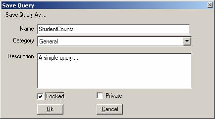 Saving a Query To save an existing query: Click the button. Enter all desired information and click OK. o o o o o Name: Enter a name to use to identify the query.