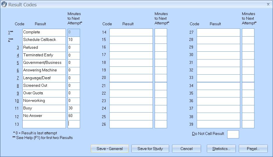 CATI Surveys 9-7 You can use this window to change result code labels and add new results.