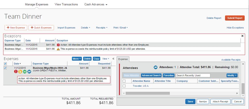 Add Attendees to an Expense using Concur on Your Computer From an open expense on an expense report requiring attendees, scroll down in the expense details to the Attendees section.
