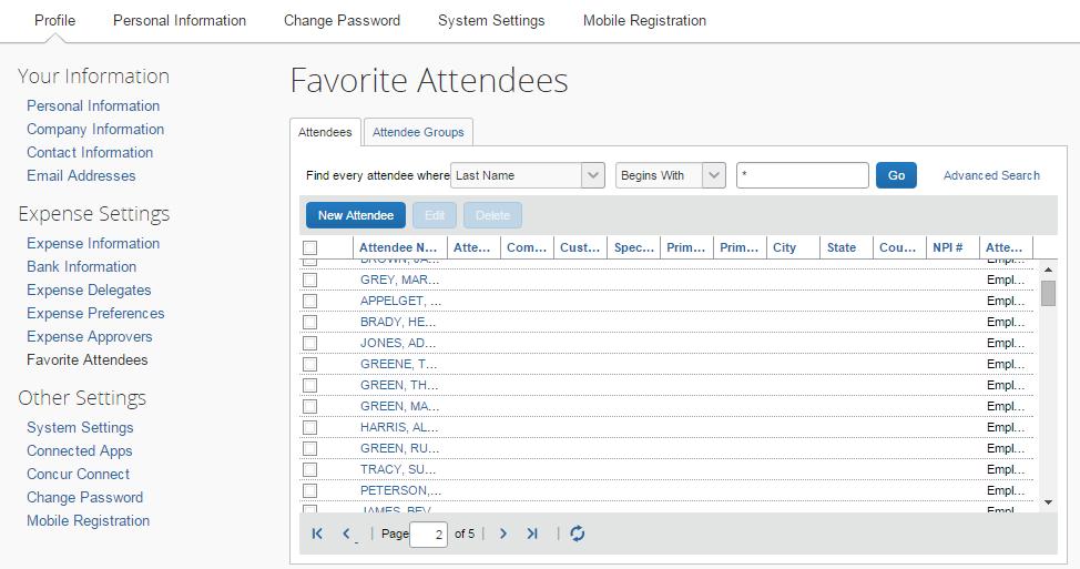 Add Attendees to Your Favorites To quickly add frequently used attendees to expenses, you can add them to your Favorites in your profile using Concur on your computer: 1.
