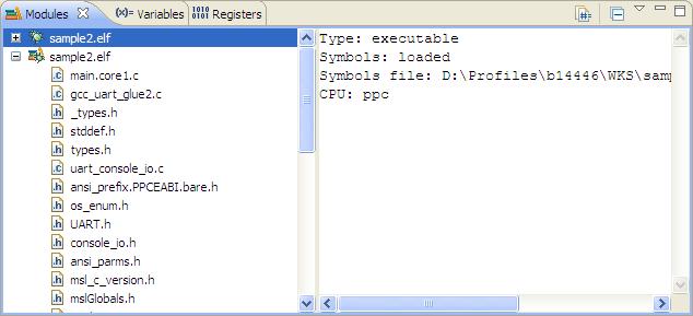 Debugger Memory view Figure 103: Modules view 2. Click on the application executable to view its details.