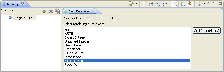 Debugger Memory view Floating Point Fixed Point The default rendering is displayed automatically when a monitor is created.