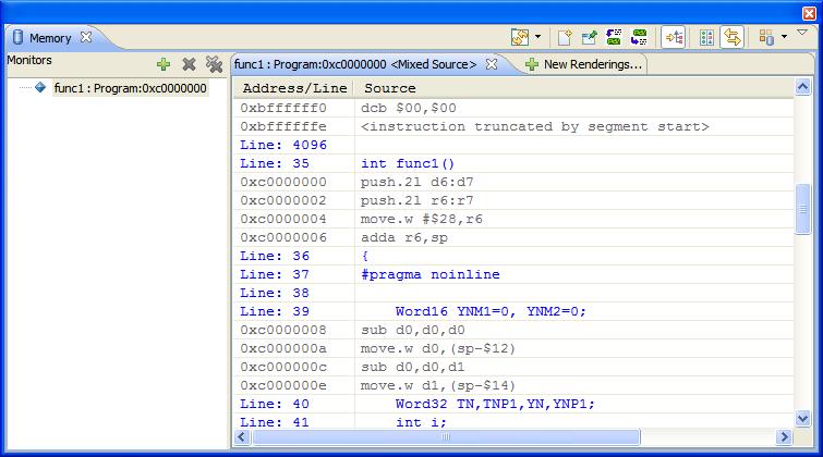 Debugger Memory view Figure 108: Mixed source rendering 3.17.5 Setting memory access size This section explains how to define the memory access size. To set memory access size: 1.