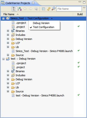 IDE Extensions CodeWarrior Projects view Figure 3: CodeWarrior Projects view - Active configuration 2.1.
