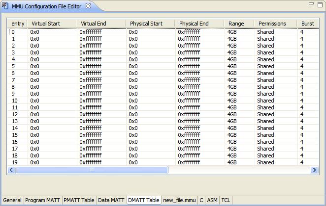 Debugger Memory Management Unit configurator Figure 119: MMU Configuration File Editor - Data MATT Table page The DMATT Table page shows an alternate, tabular rendering of the settings that you