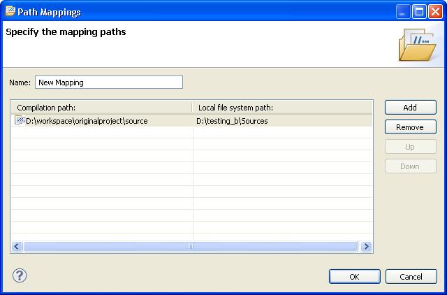 Debugger Path mappings The Path Mappings dialog appears. Figure 134: Path Mappings dialog 5. Specify the Path mappings name in the Name textbox. 6. Click Add. 7.