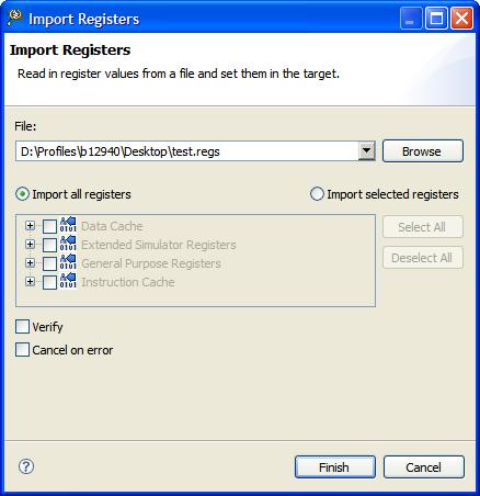 Debugger Registers view File textbox - Specifies the name of the file to store the exported register information.