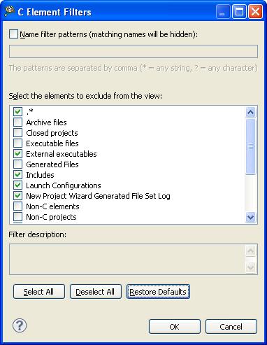 IDE Extensions Command line interface Figure 6: C Element Filters dialog 3. Select the filter element you want to exclude from the CodeWarrior Projects view. 4. Click OK. 2.