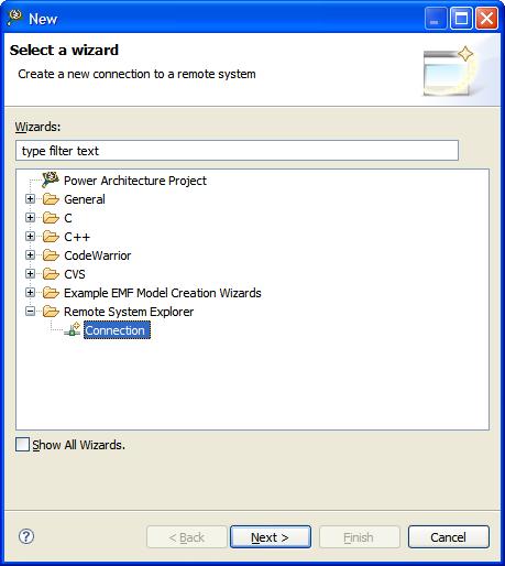 IDE Extensions Target management via Remote System Explorer Figure 36: New wizard - Select a wizard page 2.