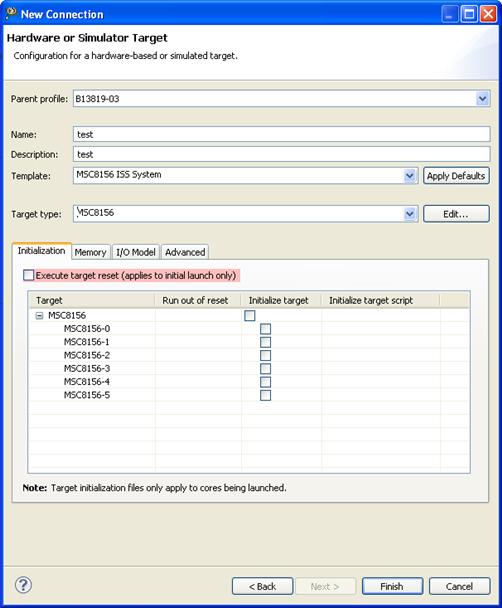 IDE Extensions Target management via Remote System Explorer Figure 39: New Connection - Hardware or Simulator Target page 5. Choose a parent profile from the Parent Profile pop-up menu. 6.