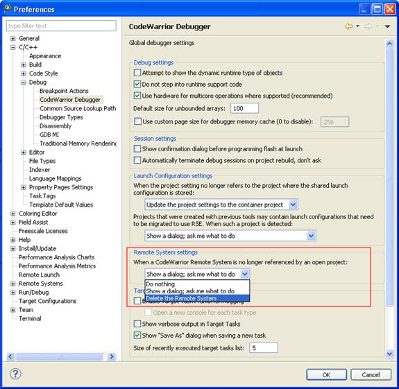 IDE Extensions Target management via Remote System Explorer Figure 48: Preferences dialog - Remote System settings 2. Choose any one of the options available in the Remote System Settings pop-up menu.