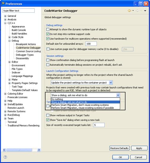 IDE Extensions Target management via Remote System Explorer Figure 53: Configuring Smart Migration 3. Choose a migration option from the available pop-up menu.