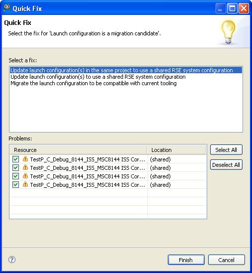 IDE Extensions Target management via Remote System Explorer Figure 56: Quick Fix dialog 3. Select a fix from the Select a Fix list box.
