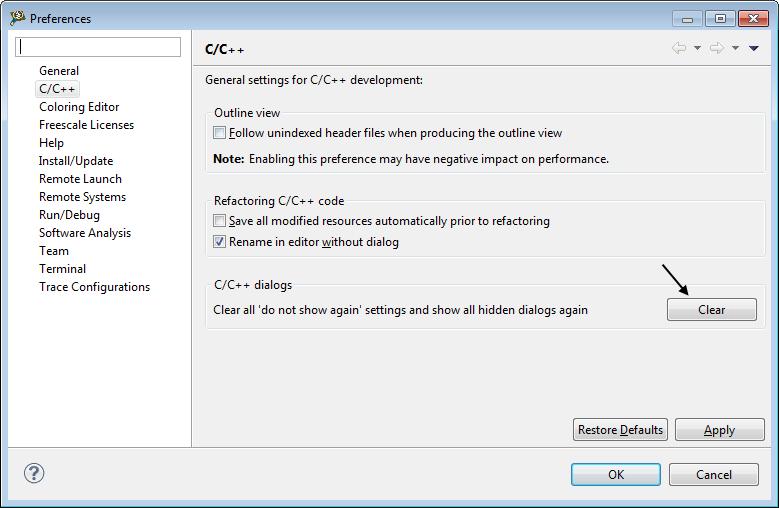Select C/C++ in the left pane. 3. Click the Clear button in the C/C++ dialogs group. Figure 64: Preferences dialog 4. Click Apply to save the settings. 5.