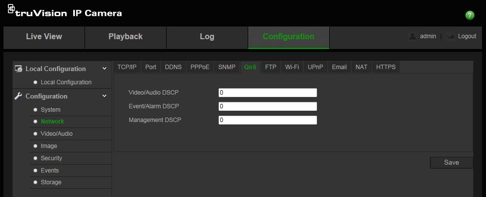 To define the QoS parameters: 1. In the Network panel, click the QoS tab to open its window. 2. Configure the QoS settings, including Video / Audio DSCP, Event / Alarm DSCP and Management DSCP.