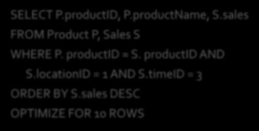 SELECT P.productID, P.productName, S.sales FROM Product P, Sales S WHERE P. productid = S. productid AND S.locationID = 1 AND S.timeID = 3 ORDER BY S.