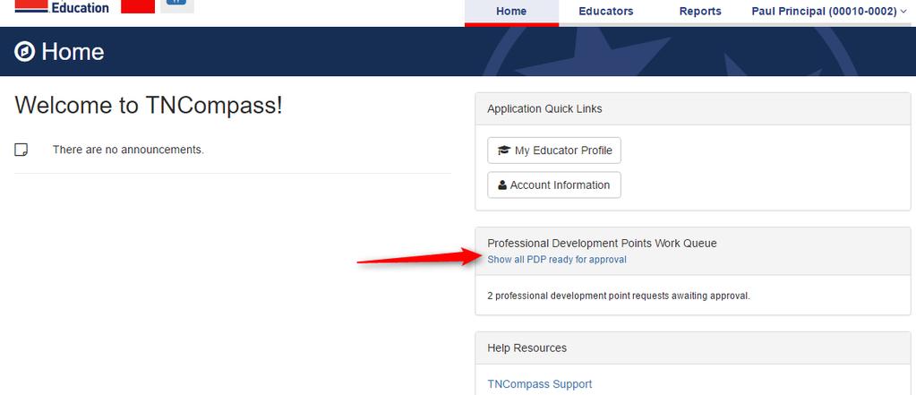 PDP request approval by Principal or Assistant Principal Principals and assistant principals have a Professional Development Points Work Queue on the home page.