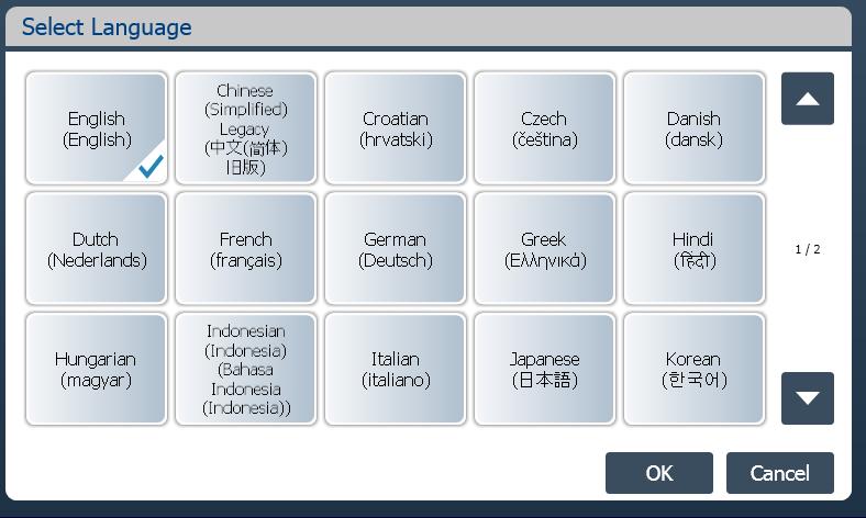 184 The Select Language screen appears with the current language selected.