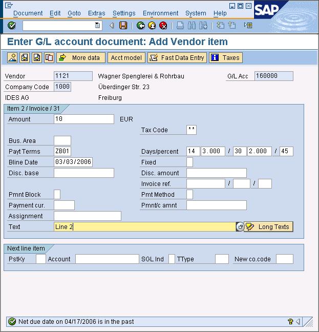 Enter Amount, Tax code & Text & click on Display Overview button.