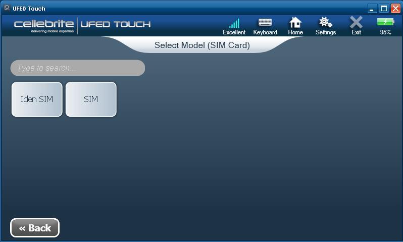 120 The Select Model (SIM reader) screen appears. Here you pick the type of SIM card.