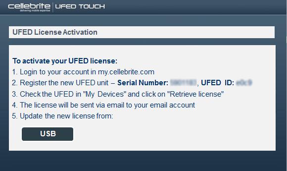 56 The UFED License Activation screen appears.