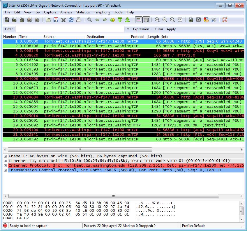 Figure 3: Packet trace of wget traffic Step 2: Inspect the Trace Wireshark will let us select a packet (from the top panel) and view its protocol layers, in terms of both header fields (in the middle