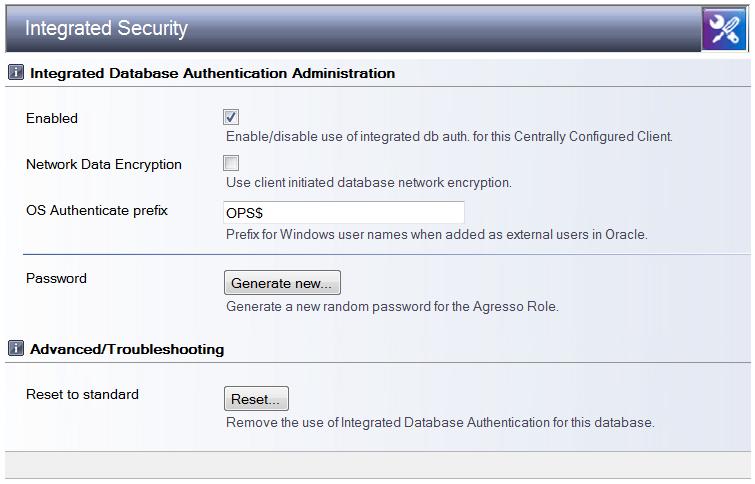 Options Oracle Example screen This example below shows the upper part of the Integrated Security page having integrated security enabled: OS Authentication prefix You can use a prefix for database